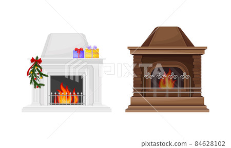 Fireplace with burning fire set. Winter holidays decoration vector illustration Fireplace with burning fire set. Winter holidays decoration vector illustration 84628102