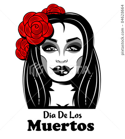 Vector illustration of a woman from the neck up, made up for Dia de los Muertos Vector illustration of a woman from the neck up, made up for Dia de los Muertos 84628664