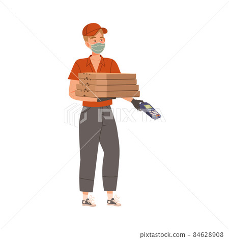 Delivery man carrying boxes with pizza and POS terminal cashless payment machine cartoon vector illustration Delivery man carrying boxes with pizza and POS terminal cashless payment machine cartoon vector illustration 84628908
