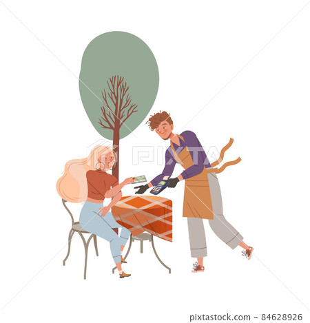 Girl using contactless payment for buying at cafe. Woman paying by app on smartphone. Digital banking service cartoon vector illustration Girl using contactless payment for buying at cafe. Woman paying by app on smartphone. Digital banking service cartoon vector illustration 84628926