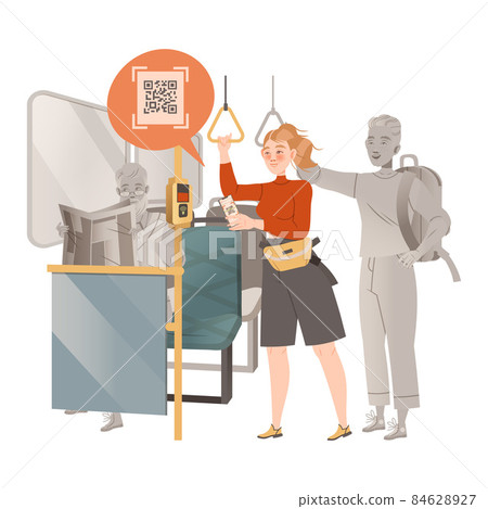 Woman using contactless mobile payment system, scanning qr code at bus. Digital banking service cartoon vector illustration Woman using contactless mobile payment system, scanning qr code at bus. Digital banking service cartoon vector illustration 84628927