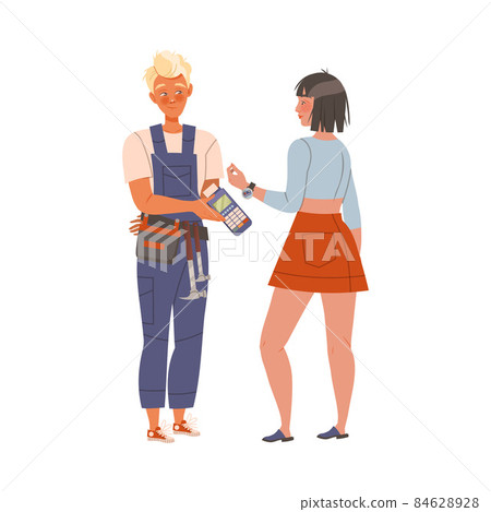 Girl using contactless payment for for locksmith services. Digital banking service cartoon vector illustration Girl using contactless payment for for locksmith services. Digital banking service cartoon vector illustration 84628928