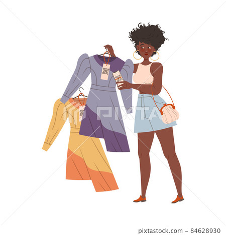Customer girl scanning QR code at price tag at store. Girl using contactless payment for buying. Digital banking services cartoon vector illustration Customer girl scanning QR code at price tag at store. Girl using contactless payment for buying. Digital banking services cartoon vector illustration 84628930