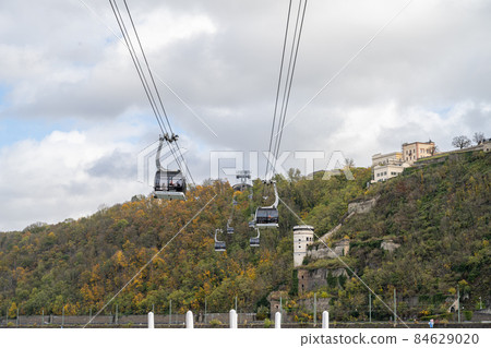 The cable car to the Ehrenbreitstein castle. This castle is located just where river Rhein and Mosel meet in Koblenz, Germany The cable car to the Ehrenbreitstein castle. This castle is located just where river Rhein and Mosel meet in Koblenz, Germany 84629020