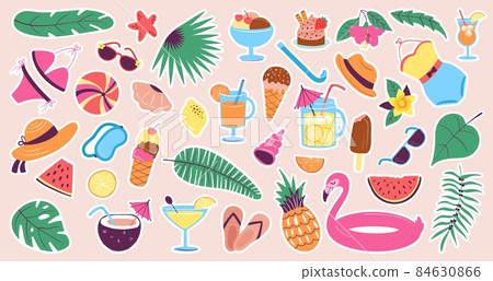 Summertime stickers. Cute tropical beach elements, fruit, lemonade jar and food. Travel and vacations, seasonal patch. Fashionable decent vector kit Summertime stickers. Cute tropical beach elements, fruit, lemonade jar and food. Travel and vacations, seasonal patch. Fashionable decent vector kit 84630866