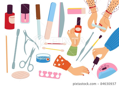 Manicure. Manicured hands, beauty nail treatment. Vintage salon hand cosmetics. Spa or pedicure, art arm care equpment decent vector collection 84630937