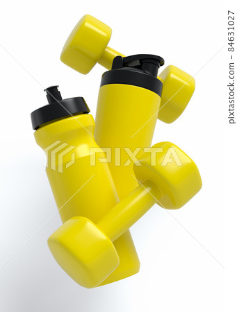 Isometric view of sport equipment like water bottle and dumbbell on white background. 3d render of power lifting and fitness concept Isometric view of sport equipment like water bottle and dumbbell on white background. 3d render of power lifting and fitness concept 84631027