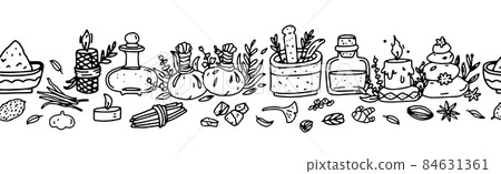 Ayurveda Seamless border illustration with ayurvedic items oil, tincture, massage stones and herbal bags, mortar Ayurveda Seamless border illustration with ayurvedic items oil, tincture, massage stones and herbal bags, mortar 84631361