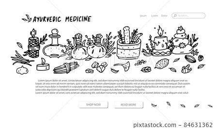 Ayurvedic medicine web page design template. Vector landing homepage with ayurvedic medicine illustration elements. Ayurvedic medicine web page design template. Vector landing homepage with ayurvedic medicine illustration elements. 84631362