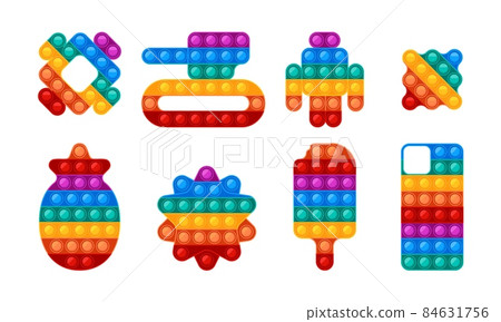 Silicon pop toys. Hand popping silicon puzzle plastic gadget for kids fidgeting entertainment garish vector colored geometrical forms Silicon pop toys. Hand popping silicon puzzle plastic gadget for kids fidgeting entertainment garish vector colored geometrical forms 84631756