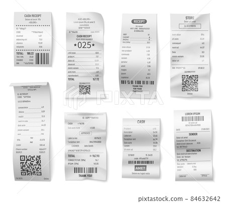 Retail bills. Check bill print, receipt of purchase or cafe. Isolated shopping paper receipts, store or restaurant invoice. Supermarket payments exact vector set 84632642