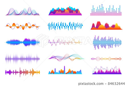 Sound waves set. Voice wave sounds, musical impulse graph. Vibrant music player interface, digital audio pulse signal. Waveform frequency exact vector kit 84632644
