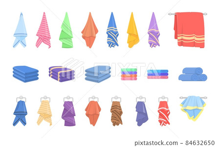 Cartoon towel set. Towels roll, rag bath hang. Self hygiene, isolated beach or kitchen colorful cloth. Hotel or spa accessories decent vector collection Cartoon towel set. Towels roll, rag bath hang. Self hygiene, isolated beach or kitchen colorful cloth. Hotel or spa accessories decent vector collection 84632650