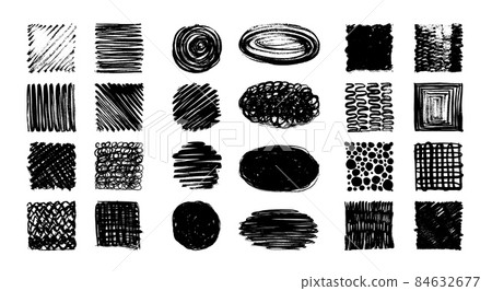 Sketch hatching set. Brush sketches, black grunge shapes for design. Pencil, pen or chalk basic crosshatch textures. Isolated charcoal scrawl swanky vector bundle Sketch hatching set. Brush sketches, black grunge shapes for design. Pencil, pen or chalk basic crosshatch textures. Isolated charcoal scrawl swanky vector bundle 84632677