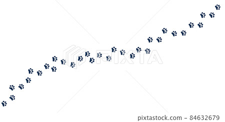 Cat foot trail. Kitten clawed paws, black pets footprint silhouettes. Dog track, pawprint road. Isolated steps of puppy, animal walking recent vector concept 84632679