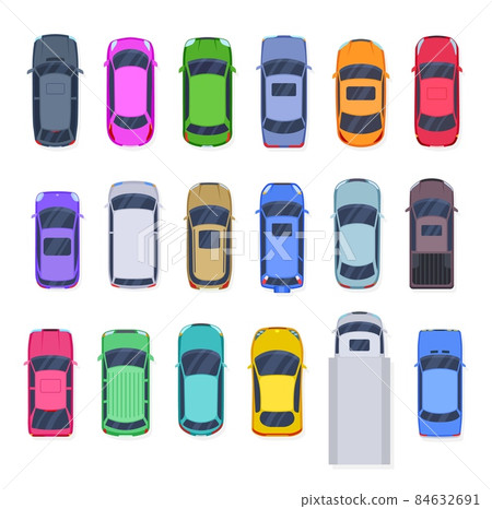 Top view cars. Flat creative car, isolated truck and autos. City transportation elements, lorry and vehicle. Diverse transport exact vector set 84632691