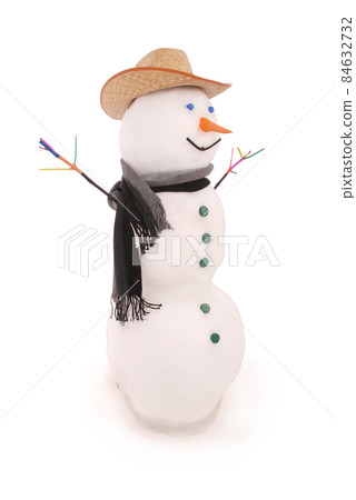 White snowman with scarf and cowboy hat. White snowman with scarf and cowboy hat. 84632732