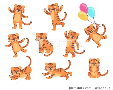 Cartoon cubs tiger. Little tigers kids, funny cute baby animal, drawing striped wildlife cub, safari character smiles jump balloons, childish wild jungle 84633323