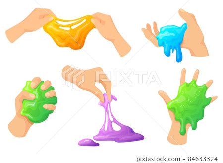Hand holding slime. Homemade kids toy mucus between fingers hands, sticky slimy colorful funny glue, childish rainbow squeeze snail, neat cartoon vector illustration 84633324