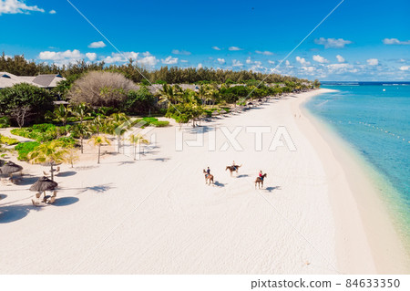 Luxury tropical beach in Mauritius. Beach with palms and blue ocean. Aerial view 84633350