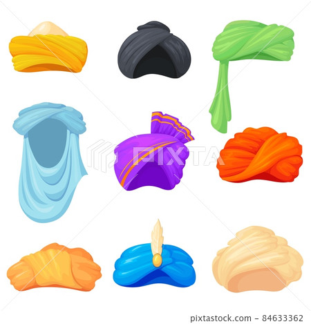 Arabic turban set. Indian traditional hats, india culture clothing, sikh headgear, oriental cultures headdress, ethnic arabian clothes Arabic turban set. Indian traditional hats, india culture clothing, sikh headgear, oriental cultures headdress, ethnic arabian clothes 84633362