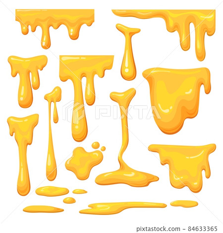 Cartoon honey drip. Delicious drips melting liquid, syrup yellow drops splashes, dripping orange droplet caramel, flow droplets sweet natural product, neat design vector illustration Cartoon honey drip. Delicious drips melting liquid, syrup yellow drops splashes, dripping orange droplet caramel, flow droplets sweet natural product, neat design vector illustration 84633365