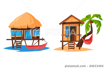 Beach Small House and Bungalow on Piles with Sloping Roof Rested on Sand Vector Set 84633404