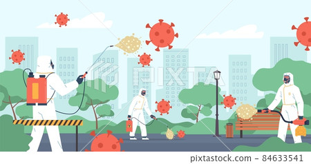 Antiviral disinfection. People in insulated overalls spray chemicals. Antibacterial street treatment. Professional sanitary clean process. Coronavirus extermination. Vector concept 84633541