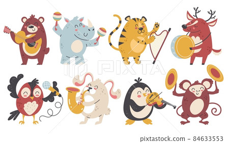 Animals play music. Happy wildlife characters with different musical instruments. Cartoon wild artists. Band sounds. Woodland creatures orchestra performance. Vector funny musicians set Animals play music. Happy wildlife characters with different musical instruments. Cartoon wild artists. Band sounds. Woodland creatures orchestra performance. Vector funny musicians set 84633553