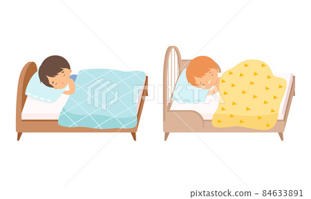 Little Boy Sleeping Sweetly on Soft Pillow Under Blanket in Their Bed Vector Set 84633891