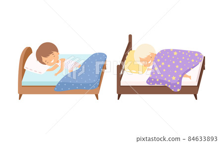 Little Boy Sleeping Sweetly on Soft Pillow Under Blanket in Their Bed Vector Set 84633893