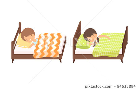 Little Boy and Girl Sleeping Sweetly on Soft Pillow Under Blanket in Their Bed Vector Set 84633894