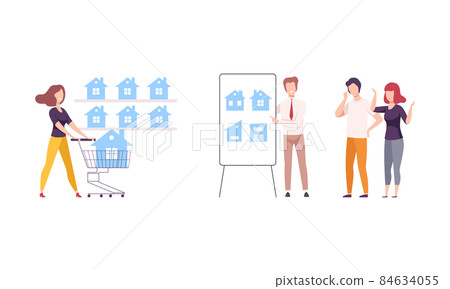 People Character Choosing and Buying House Meeting with Realtor Vector Set People Character Choosing and Buying House Meeting with Realtor Vector Set 84634055