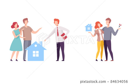 People Character Choosing and Buying House Meeting with Realtor and Moving to New Dwelling Vector Set 84634056