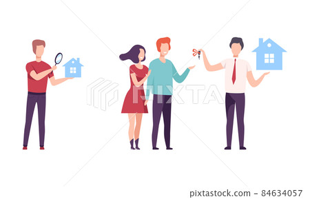 People Character Choosing and Buying House Meeting with Realtor and Moving to New Dwelling Vector Set 84634057
