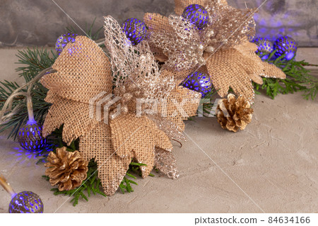 christmas composition in silver blue color, blue garland and spruce branches 84634166