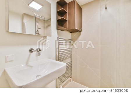 Bright stylish and comfortable bathroom design with shelves Bright stylish and comfortable bathroom design with shelves 84635008