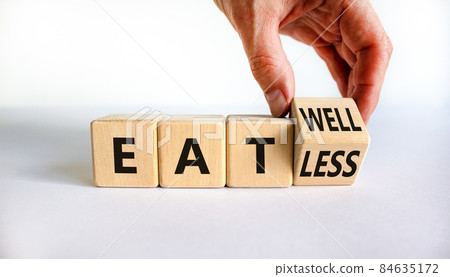 Eat well or eat less symbol. Businessman turns a cube and changes words 'eat less' to 'eat well'. Beautiful white background. Business, eat well or less concept. Copy space. Eat well or eat less symbol. Businessman turns a cube and changes words 'eat less' to 'eat well'. Beautiful white background. Business, eat well or less concept. Copy space. 84635172