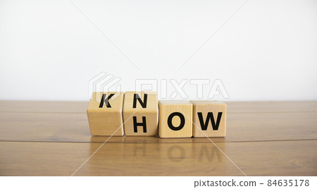 Know how symbol. Turned wooden cubes and changed the word 'how' to 'know'. Beautiful wooden table, white background. Copy space. Business and know how concept. Know how symbol. Turned wooden cubes and changed the word 'how' to 'know'. Beautiful wooden table, white background. Copy space. Business and know how concept. 84635178