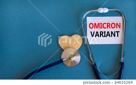 New Covid-19 omicron variant strain symbol. White card, words Omicron variant, stethoscope, blue background. Wooden heart. Medical covid-19 omicron variant strain concept, copy space. New Covid-19 omicron variant strain symbol. White card, words Omicron variant, stethoscope, blue background. Wooden heart. Medical covid-19 omicron variant strain concept, copy space. 84635264
