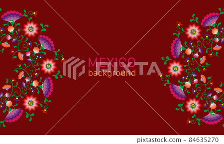 Embroidery native flowers folk pattern with Polish and Mexican influence. Trendy ethnic decorative traditional floral in symmetric design, for fashion, interior, stationery. Vector isolated on red 84635270