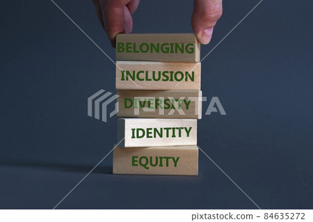 Equity, identity, diversity, inclusion, belonging symbol. Wooden blocks with words identity, equity, diversity, inclusion, belonging on beautiful grey background. Inclusion, belonging concept. Equity, identity, diversity, inclusion, belonging symbol. Wooden blocks with words identity, equity, diversity, inclusion, belonging on beautiful grey background. Inclusion, belonging concept. 84635272