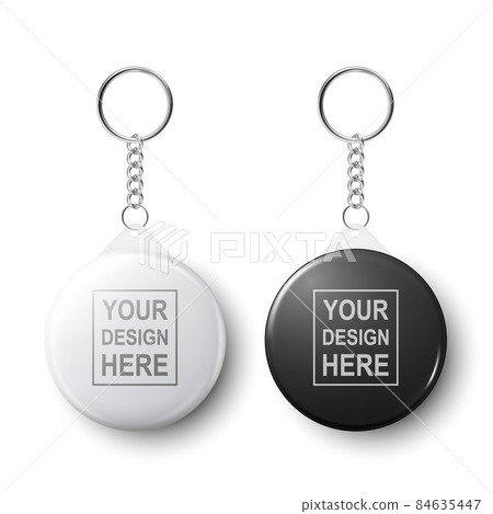 Vector 3d Realistic Blank White and Black Round Keychain with Ring and Chain for Key Isolated on White. Button Badge with Ring. Plastic, Metal ID Badge with Chains Key Holder, Design Template, Mockup Vector 3d Realistic Blank White and Black Round Keychain with Ring and Chain for Key Isolated on White. Button Badge with Ring. Plastic, Metal ID Badge with Chains Key Holder, Design Template, Mockup 84635447