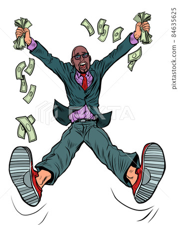 A joyful african businessman with cash. Wealth lottery winnings bank income 84635625