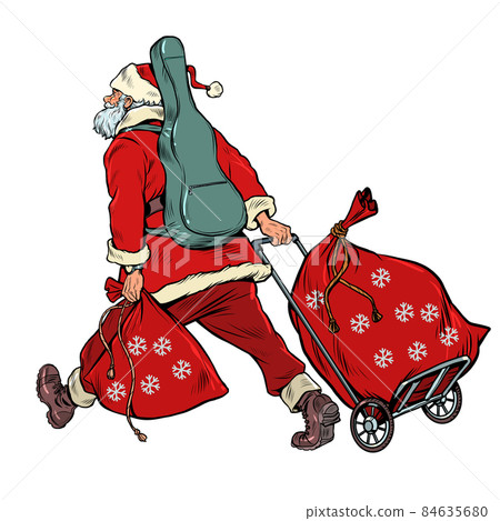 Santa Claus is a musician with a guitar going on tour. Christmas and New Year, winter seasonal holiday in December 84635680