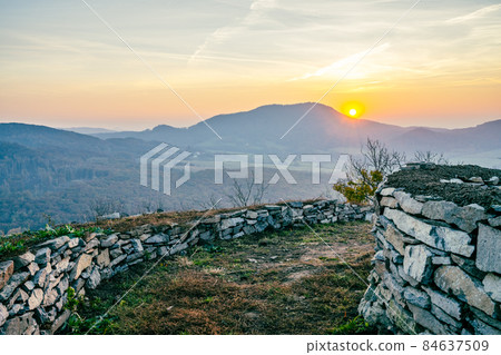Kalich medieval castle ruins on the mountain summit 84637509