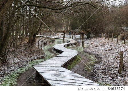 Scenic view over a wooden path through the Brussels wetlands, covered with snow Scenic view over a wooden path through the Brussels wetlands, covered with snow 84638674
