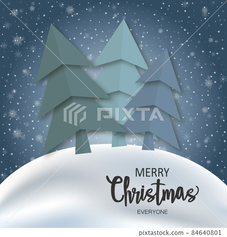 Christmas greeting card with cartoon christmas trees and falling snow. Christmas greeting card with cartoon christmas trees and falling snow. 84640801