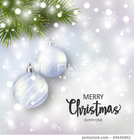 Christmas greeting card with pine branches and christmas balls. Christmas greeting card with pine branches and christmas balls. 84640802