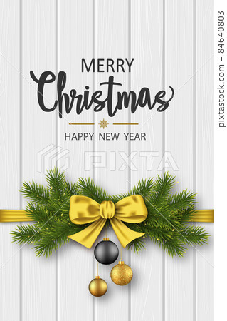 Christmas greeting card with pine branches and glitter balls on white wooden background Christmas greeting card with pine branches and glitter balls on white wooden background 84640803